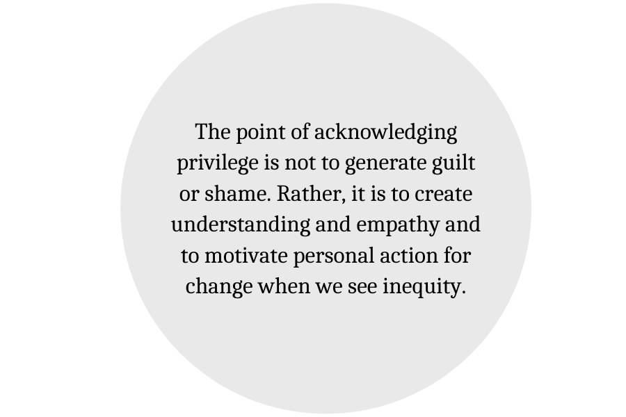 The point of acknowledging privilege is not to generate guilt or shame.  Rather, it is to create understanding and empathy and to motivate personal action for change when we see inequity.